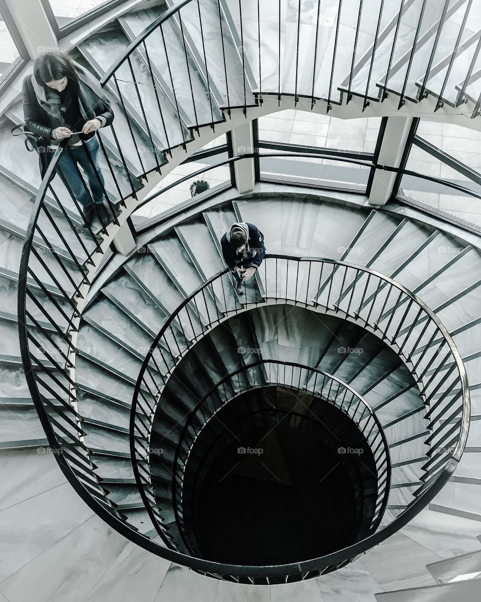 High angle view of people on staircase