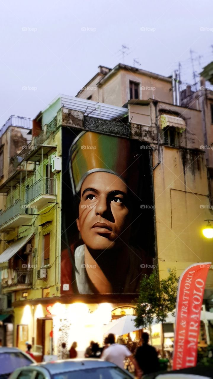 S. Gennaro Napoli, street art i  naples. Big graffiti with Saint Gennaro, Naples City protector