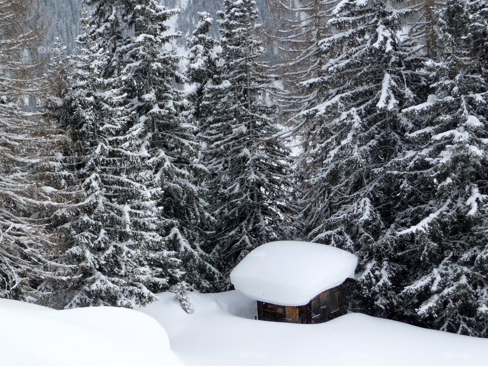 Hut with lots of snow in the Alps