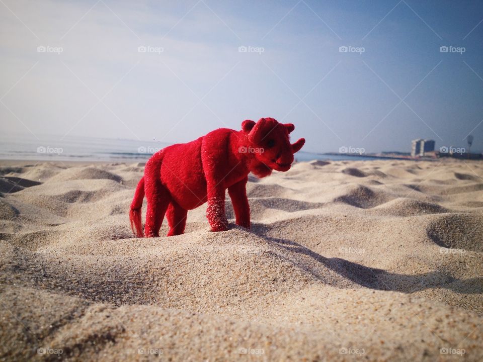 A red rhinoceros toy on the beach