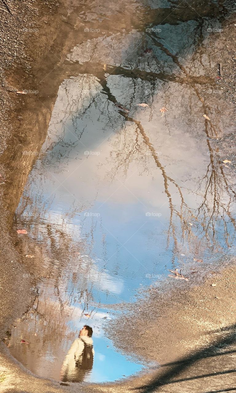 Reflection of a man in the puddle
