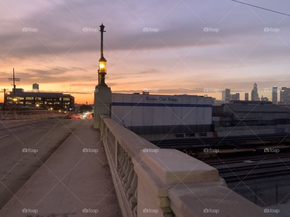 Seventh Street Bridge with downtown skyline in the background. Los Angeles, California 