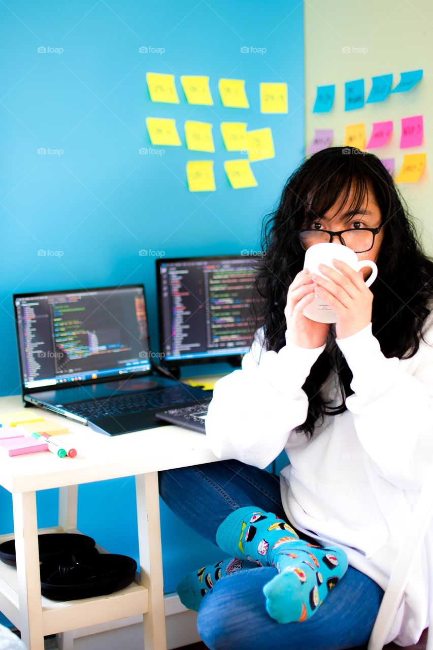 Baby blue wall and socks while working? Why not?