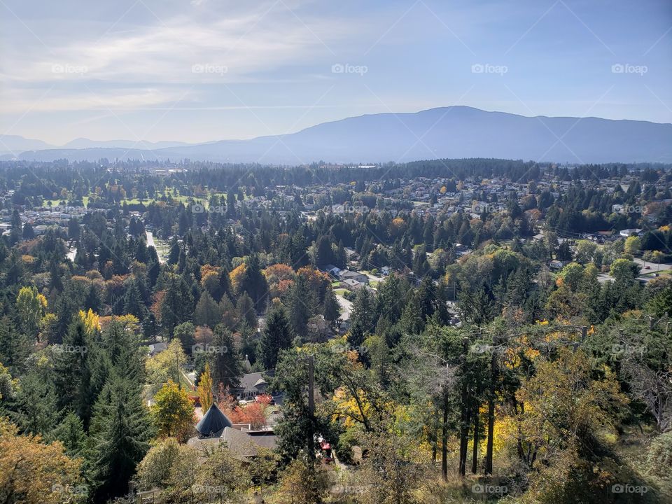 View from above, city of Nanaimo, Vancouver Island, British Columbia, Canada. Houses, forests, and hills. Trees with leaves turning colors in the autumn season, with blue cloudy sky.