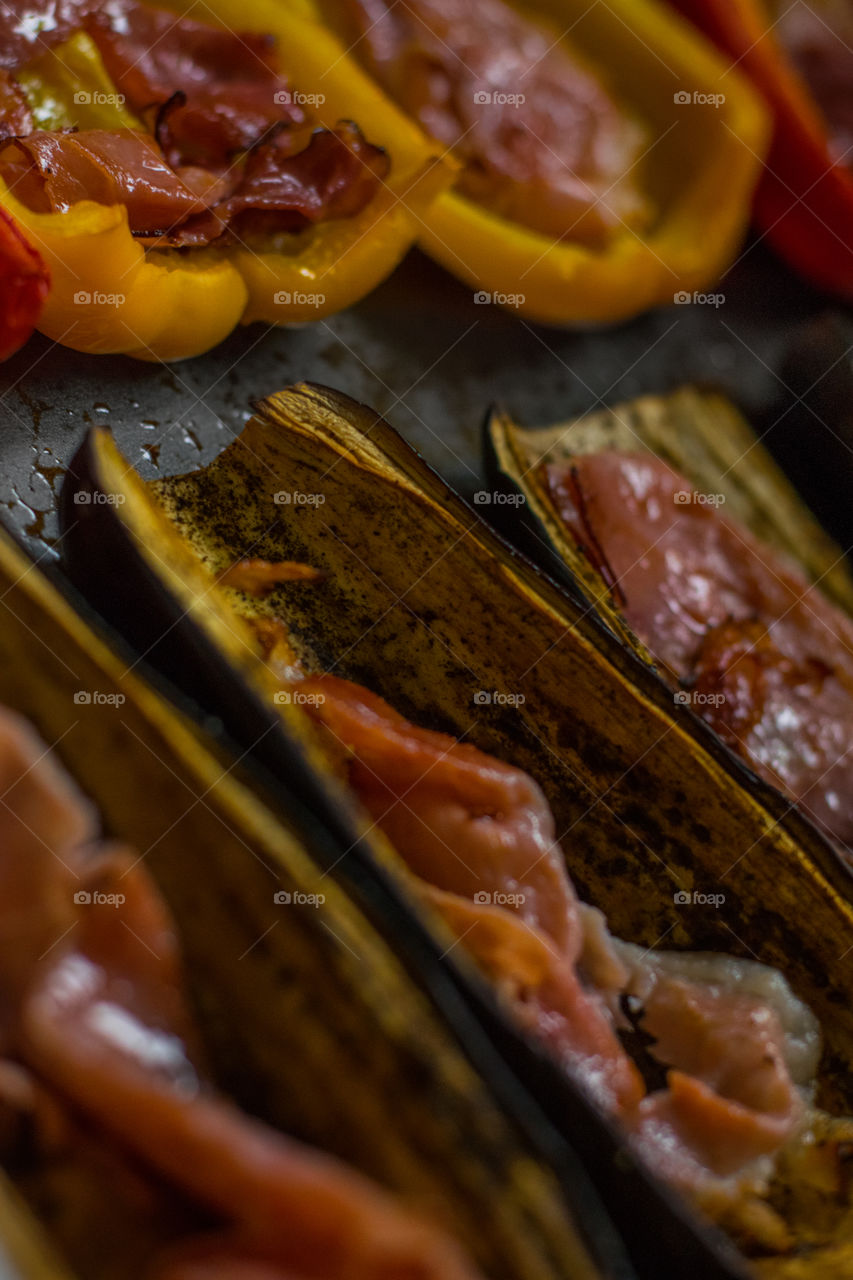 grilled pepper and eggplant with delicious ham, fresh pepper and garlic