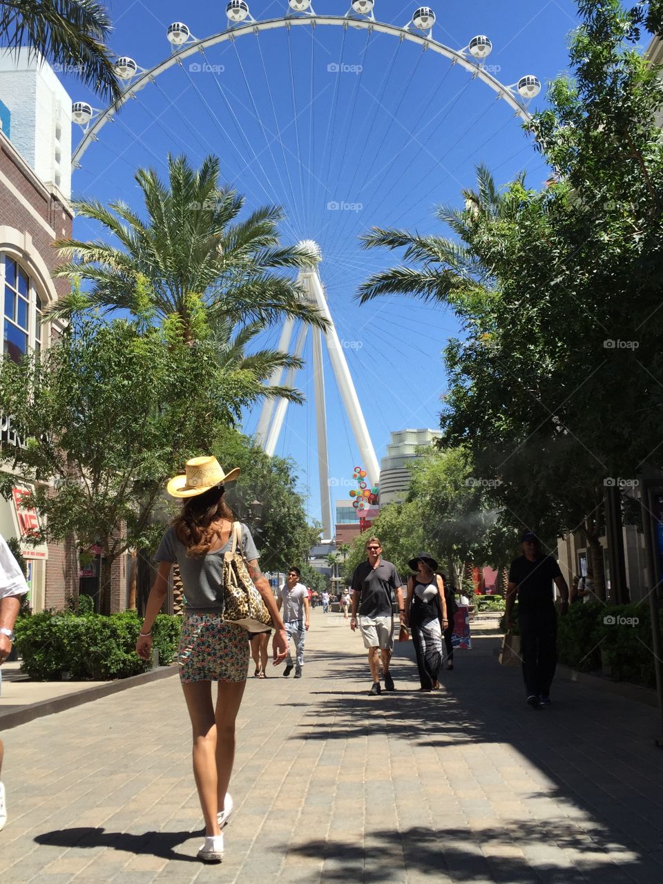 People walking on walkway in front of giant wheel