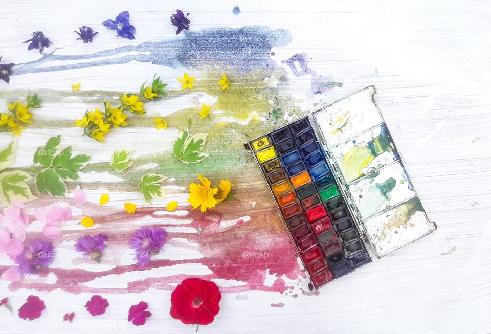 watercolor and flowers multicolored flatlay