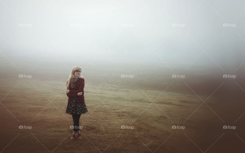 lost in fog. me, posing in the fog one chilly morning on my grandparents ranch in Central Texas