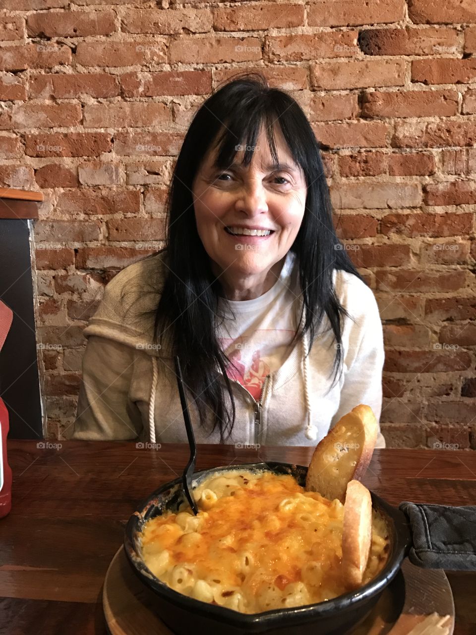 Mom enjoying her mac and cheese 
