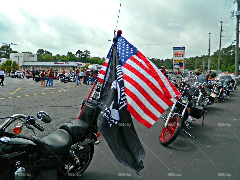 American Flag by Foap Missions - United States of America Flag Colors - White signifies purity and innocence, Red, valor and bravery, and Blue (the broad band above the stripes) signifies vigilance, perseverance & justice  - Motorcycle club w/US Flag