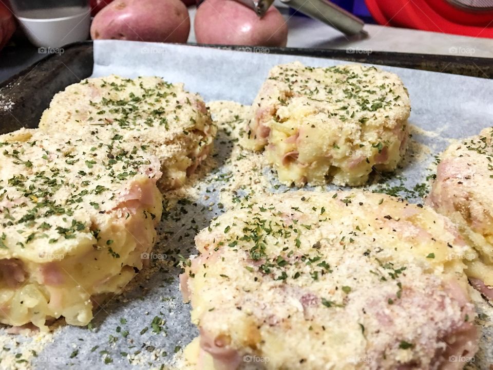 Mashed potato patties cakes closeup kitchen side dish