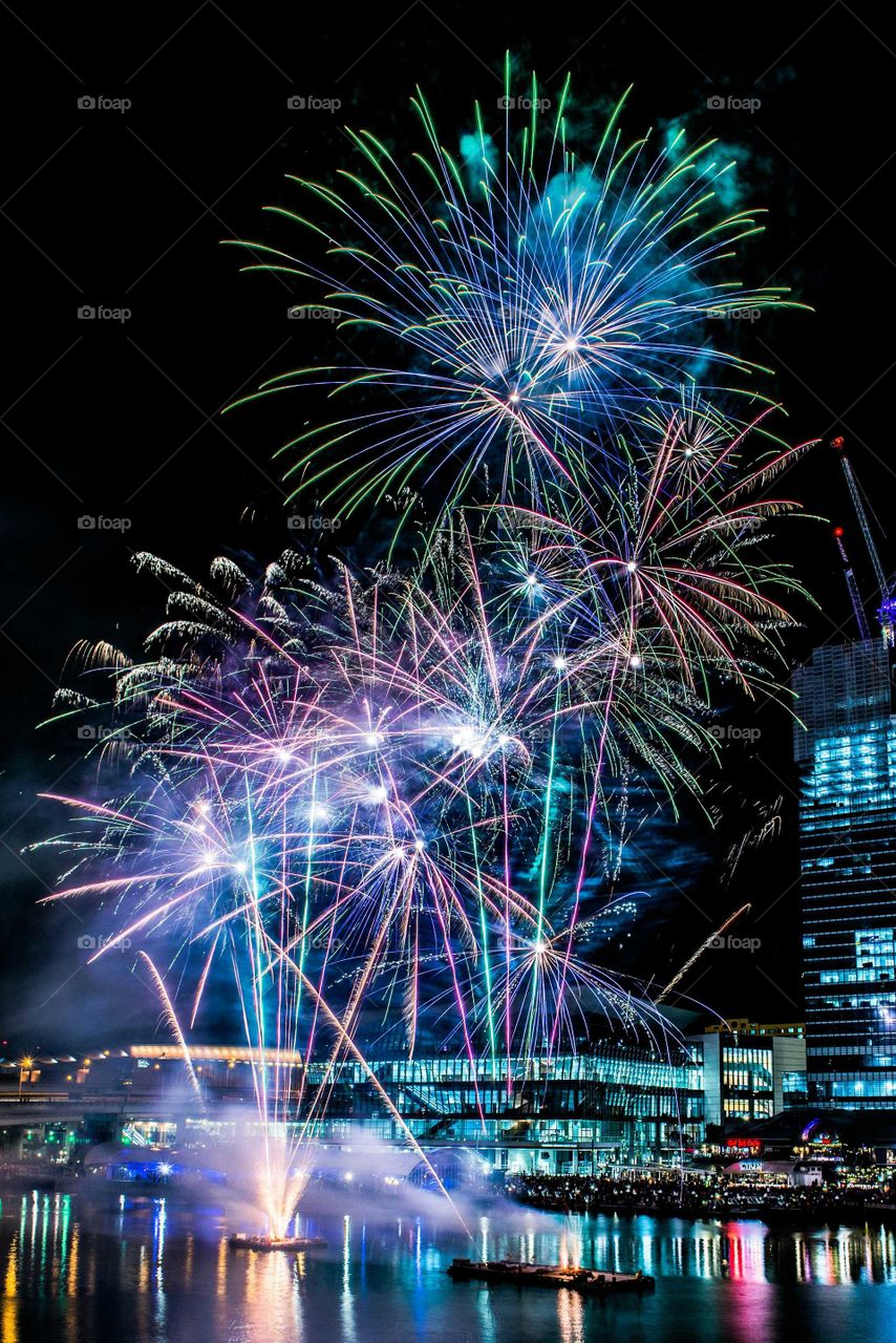 Firework display at night