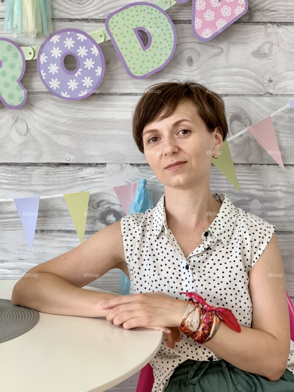 Portrait of a woman, happy birthday background 