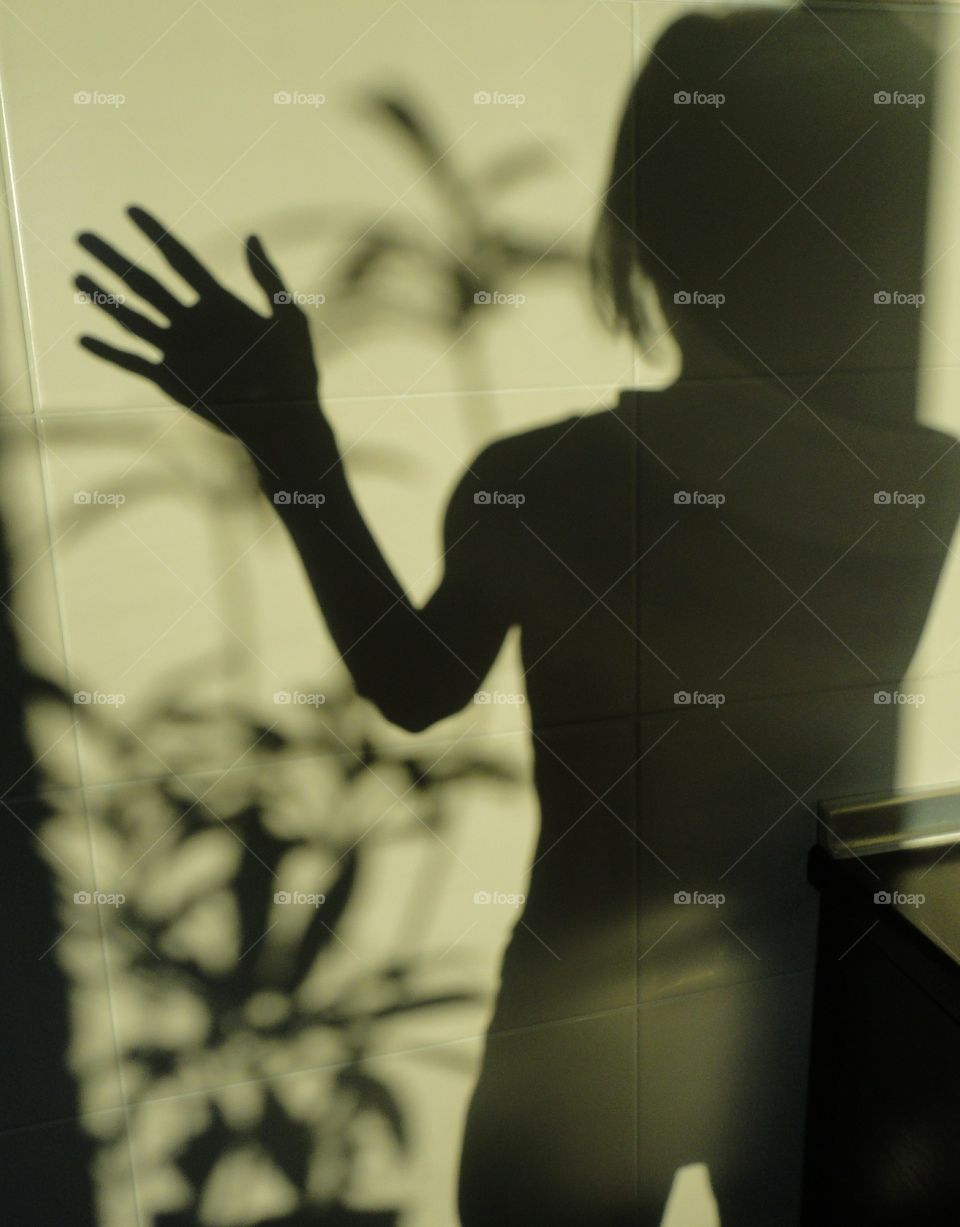 shadows girl on a wall home in the solar light