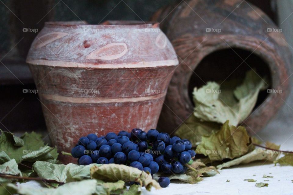 Pottery pot with grapes