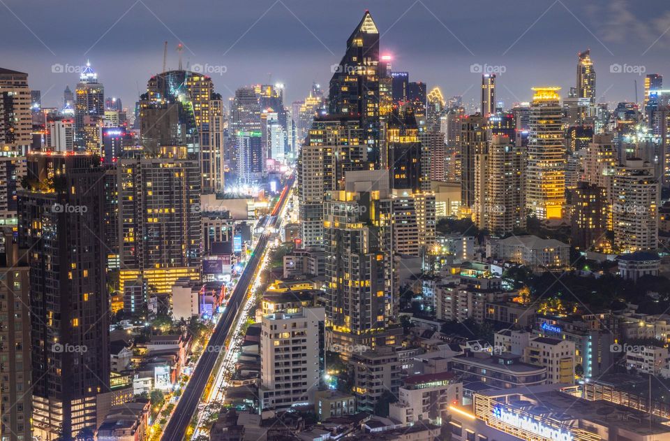 the Cityscape and the skyscrapers of the Metropolis Bangkok Thailand Southeast Asia in the Night Time