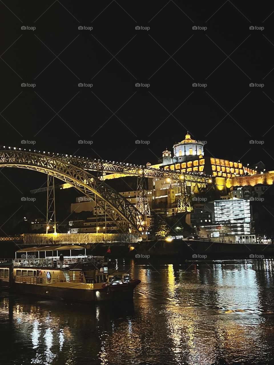 Porto bridge view at night, Portugal 