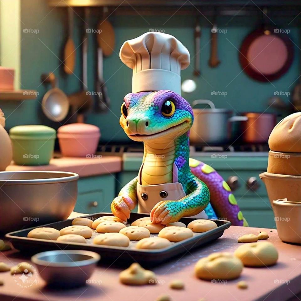 A colorful snake bakes in the kitchen, a snake bakes cookies in the kitchen, a snake that loves to bake, kid friendly chef snake, colorful snake AI