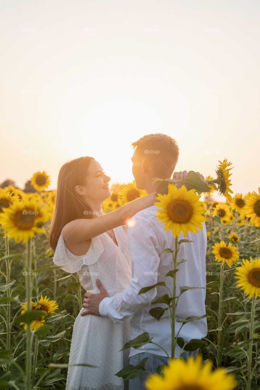 young couple in sunflower field in sunset