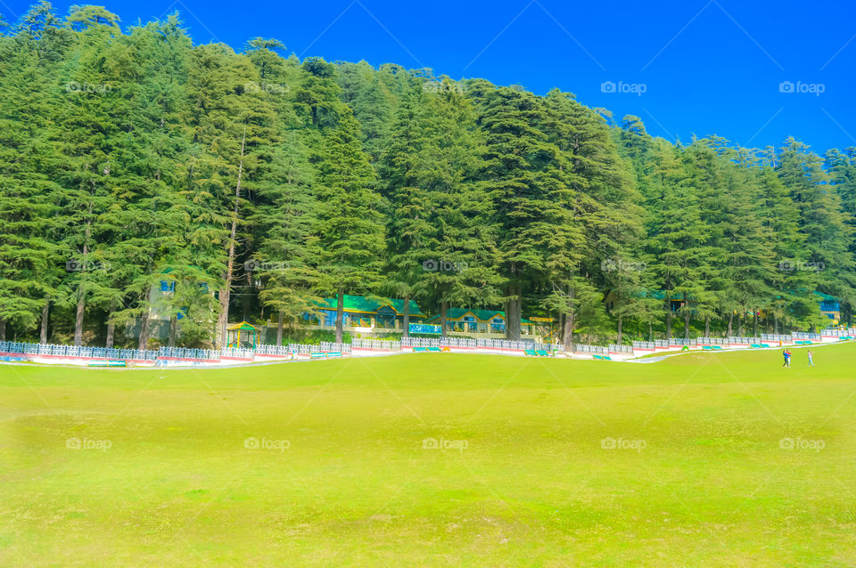 A beautiful golf course on a hill station with road blue sky trees clouds. Captured in sunny day hill station India taken landscape style useful for background wallpaper screen saver Vacation Concept