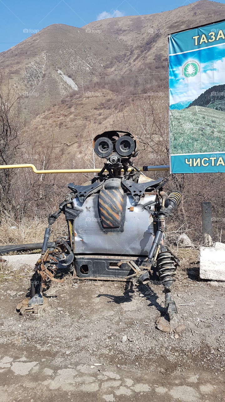 wall-e replica in Almaty mountains sad