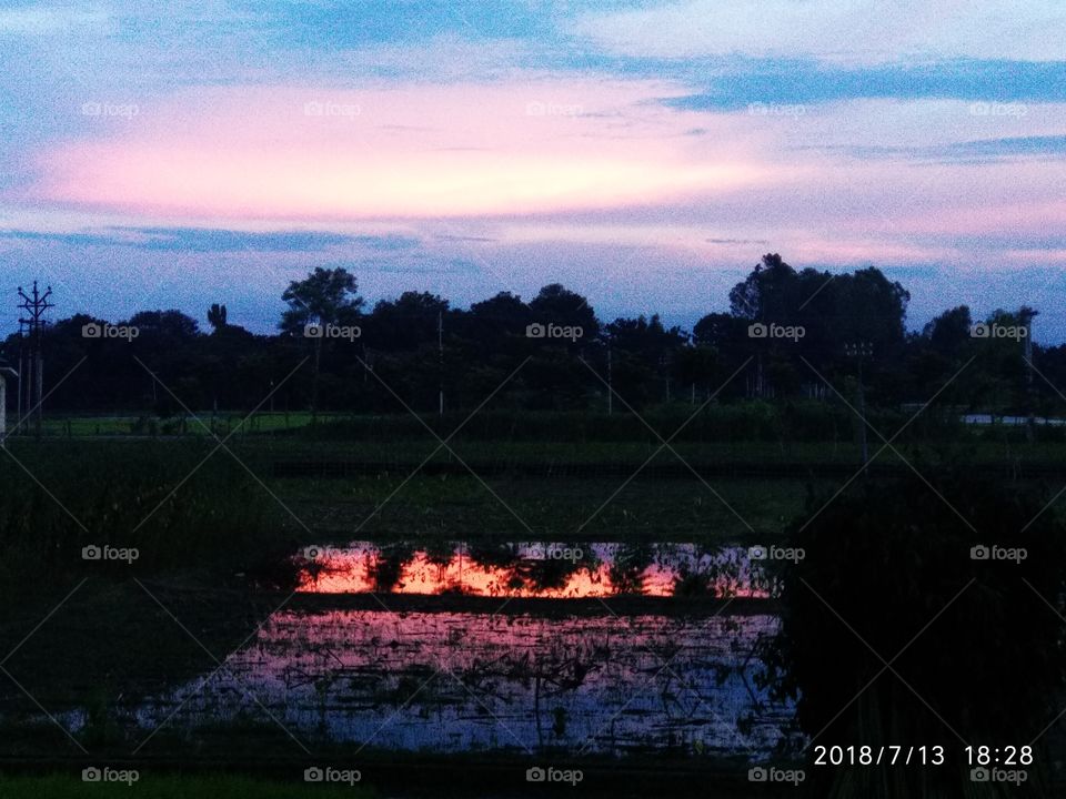 It's a sunset in West Bengal border areas...paddy fields are full of water and that waters looking red not only due to sunset but also shows the efforts of farmers for food what we get at home