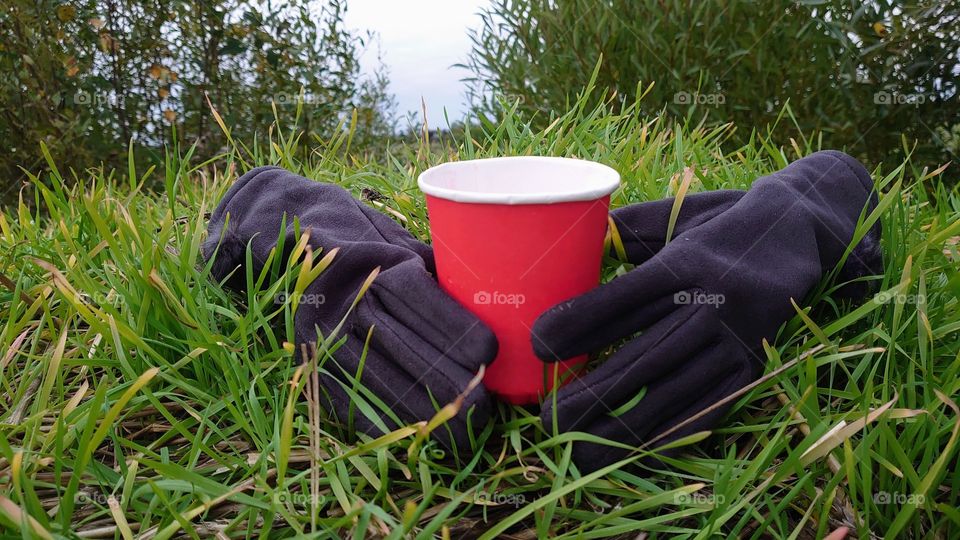 Zero waste. No plastic tableware. Gray gloves wrap around a red paper cup. Autumn time