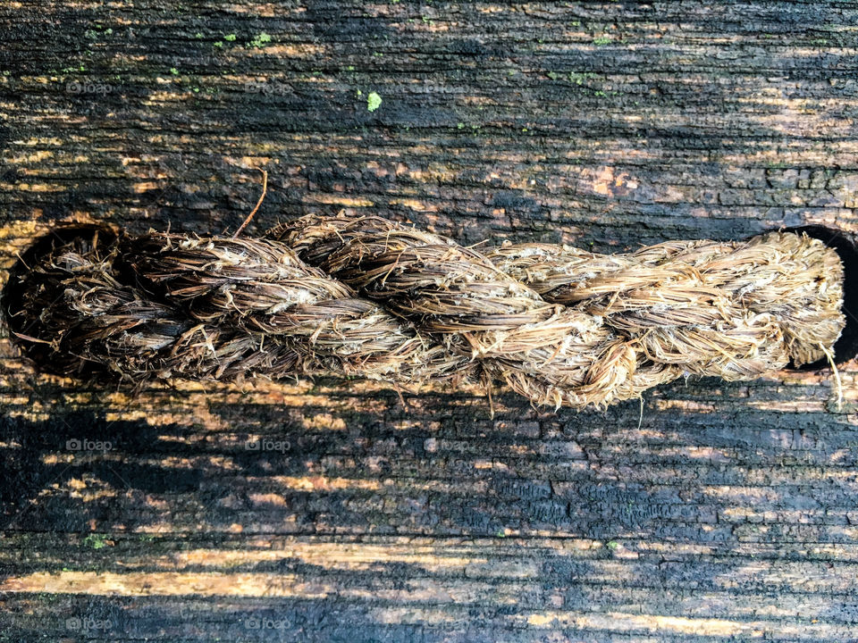 Macro shot of a hemp rope handle for a lid or cover of an old rustic wooden recycle barrel at Yates Mill County Park in Raleigh North Carolina. 