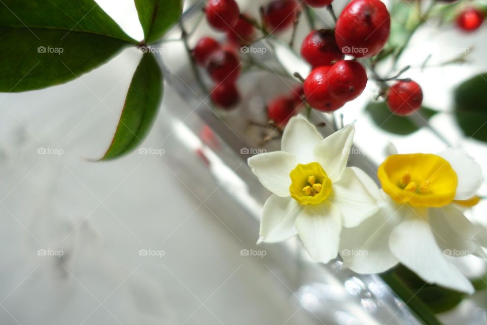 Flower arrangement :heavenly bamboo and narcissus