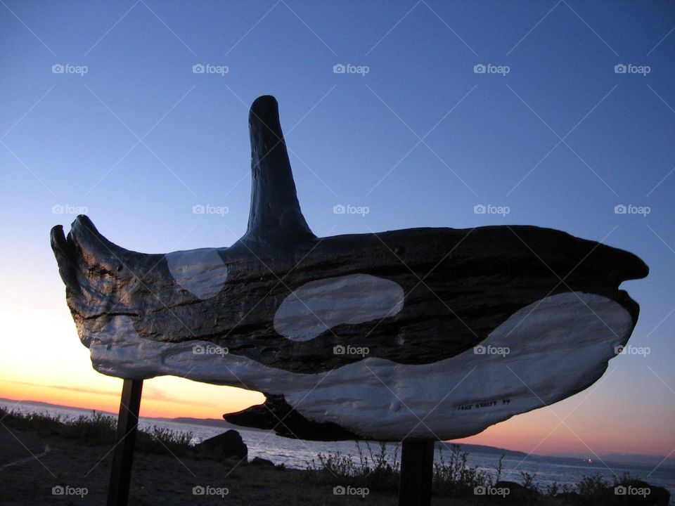 Carved orca at sunset