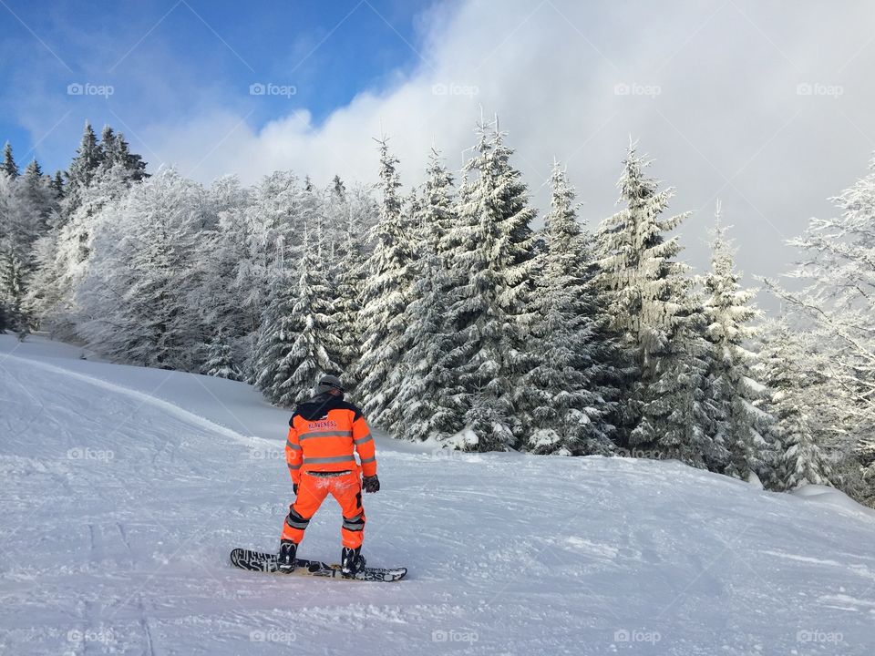 Snowboarder on the ski slope surrounded by snowy forest 