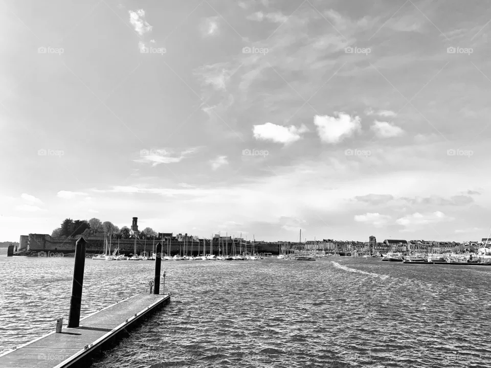 Concarneau - is a town In south Finistère, in Brittany (France) known for its walled town and dynamic fishing port. Black and white photo 