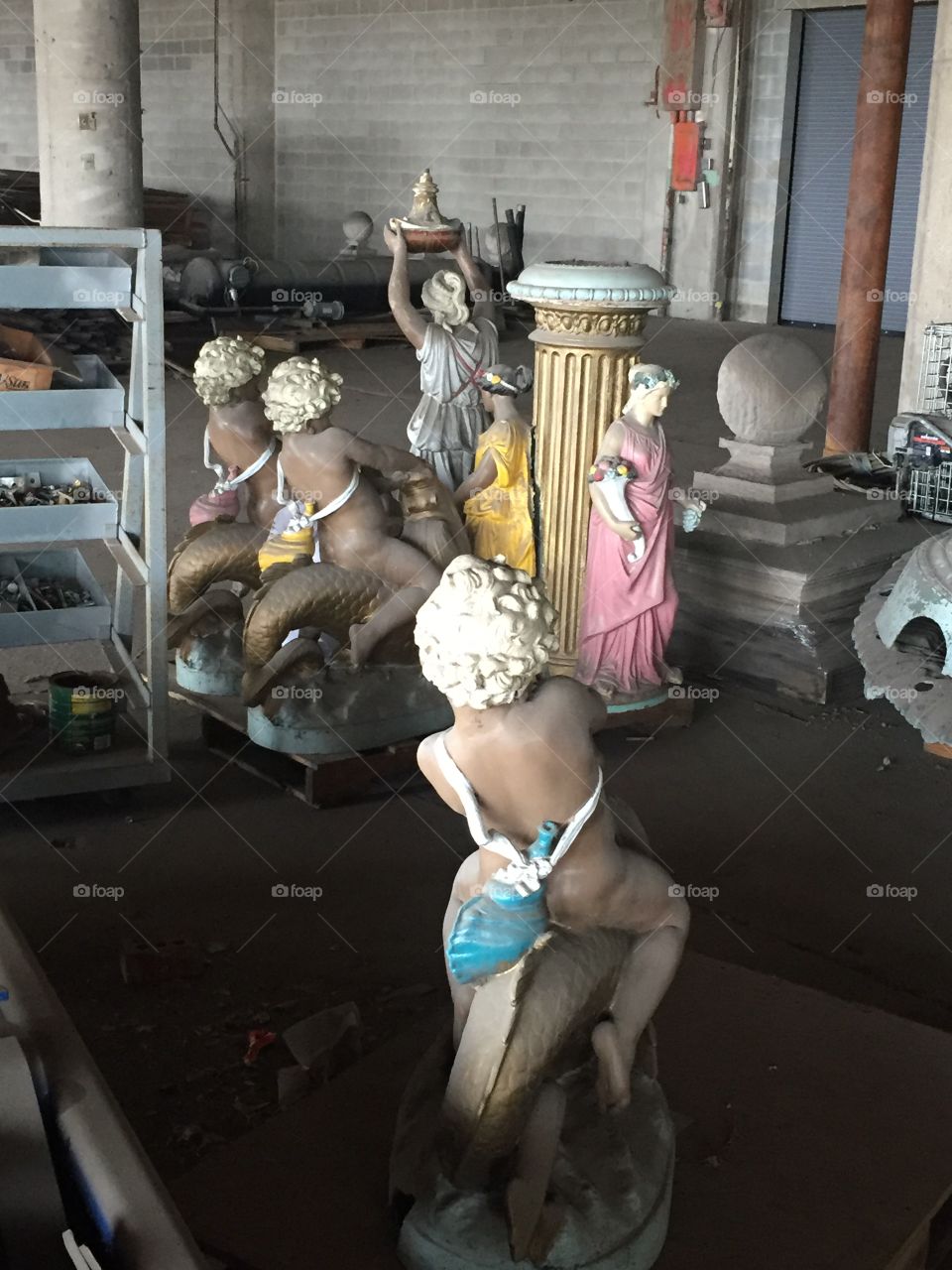 Statues from the lobby of the Old Studebaker Building