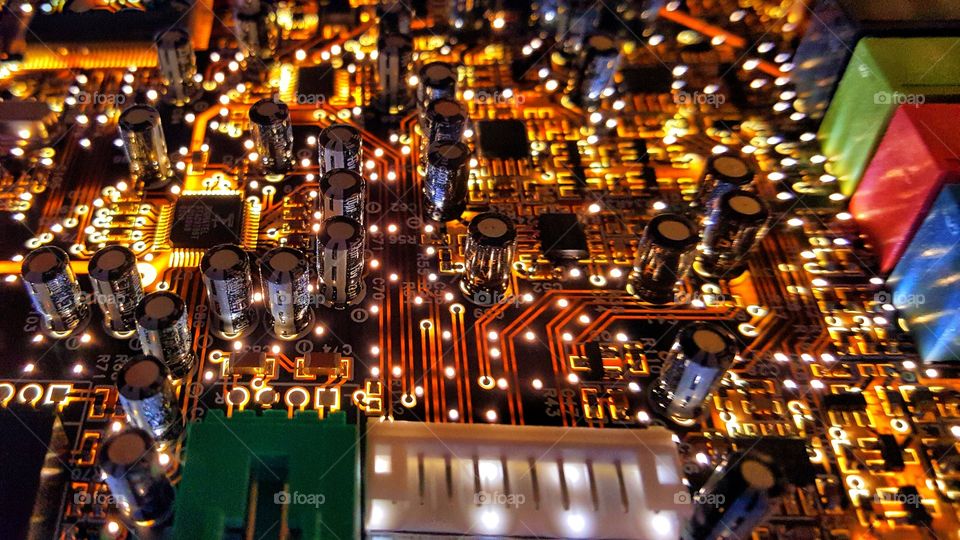 circut city. a backlit sound card looks like a mini city at night