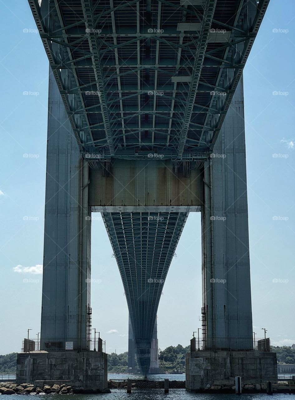 View of the underside of the Verrazzano Narrows Bridge linking Brooklyn and Staten Island in New York City