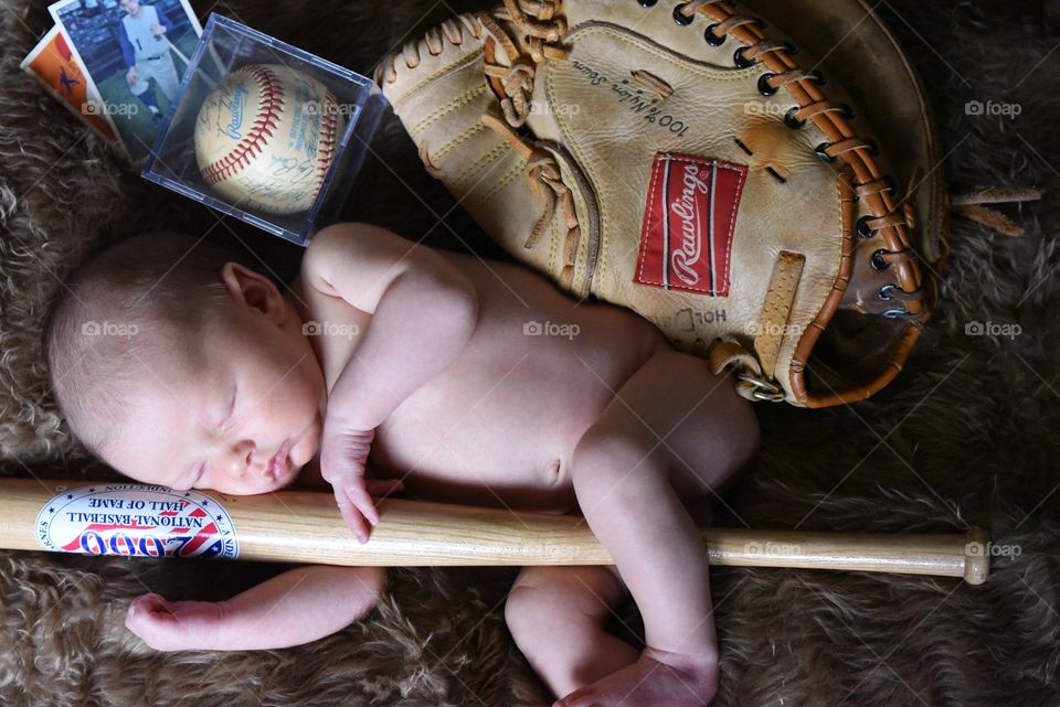 Newborn baby baseball bat ball glove brown