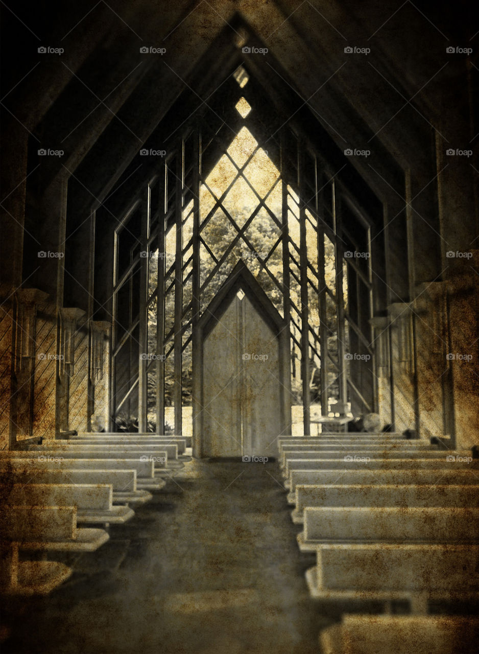 Grunge Chapel Powell Gardens. A beautiful little chapel in Powell Gardens, Missouri. I added a grunge effect on black and white for a vintage look.