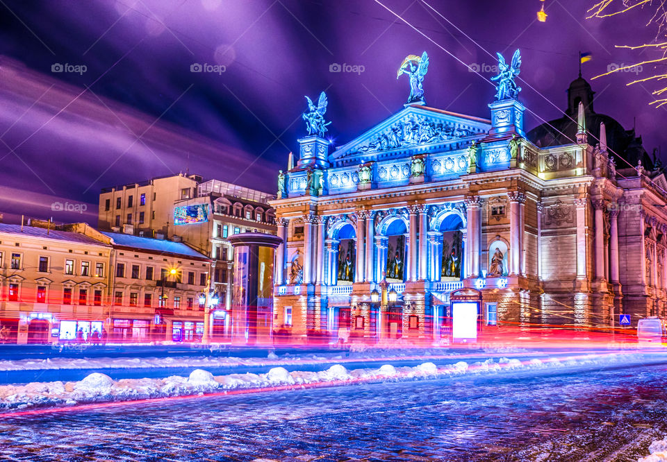 Night city scene in Lviv city