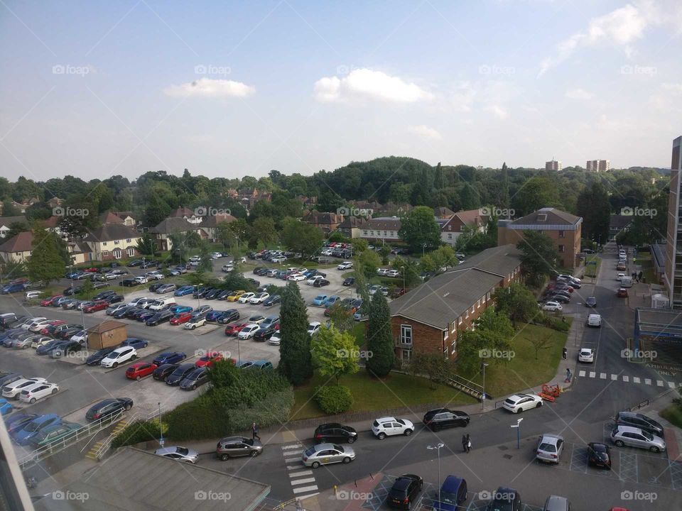 view over a hospital car park