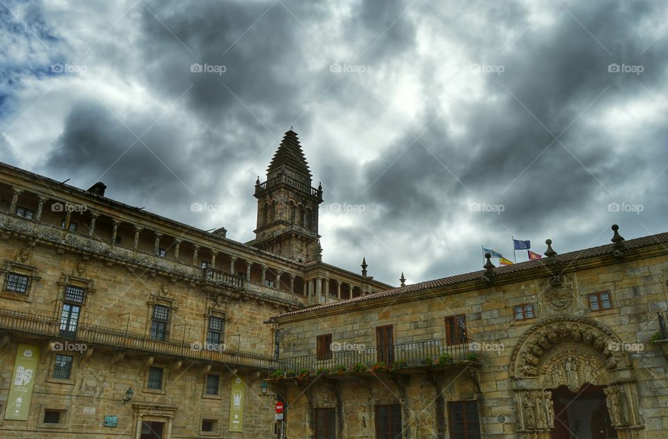 View from Obradoiro Square. Left -  Chapter and Library of the cathedral. Right - Building of the rectorship of the University of Santiago.