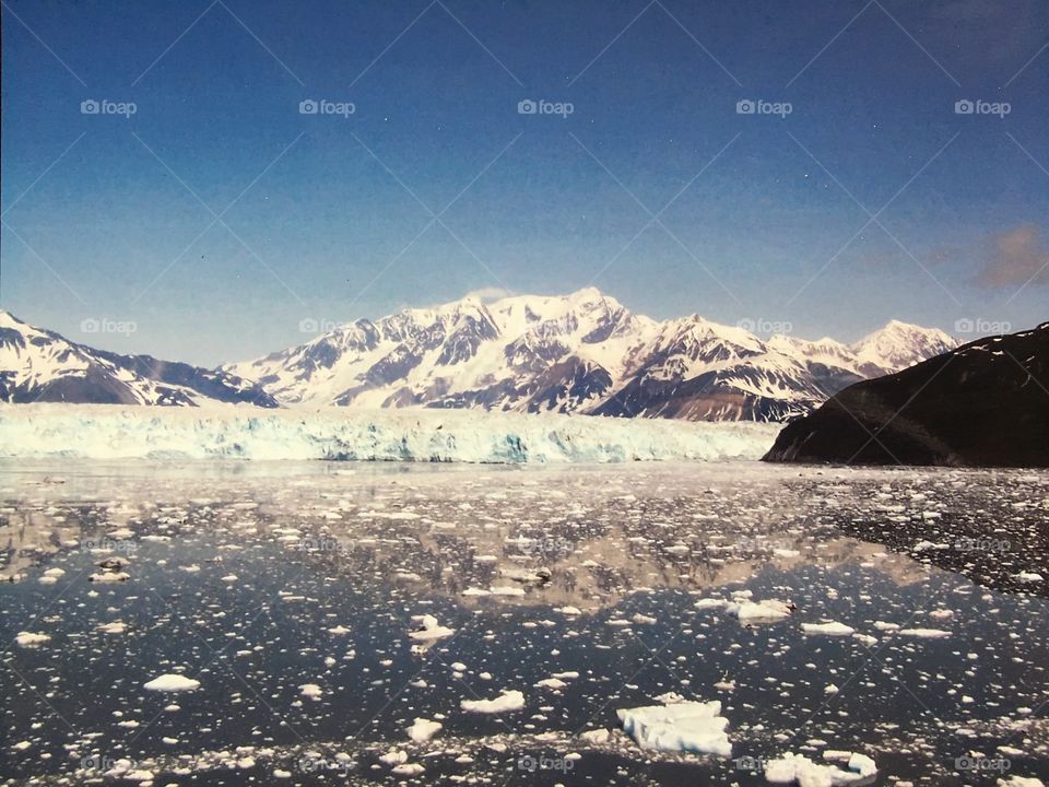 Amazing view of the Hubbard Glacier in Alaska, with bits of ice up close, and snow capped mountains in the background. One of the most incredible sites I’ve ever experienced. 