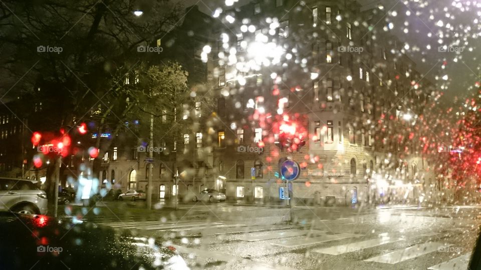 Driving in Gothenburg city a rainy winterday