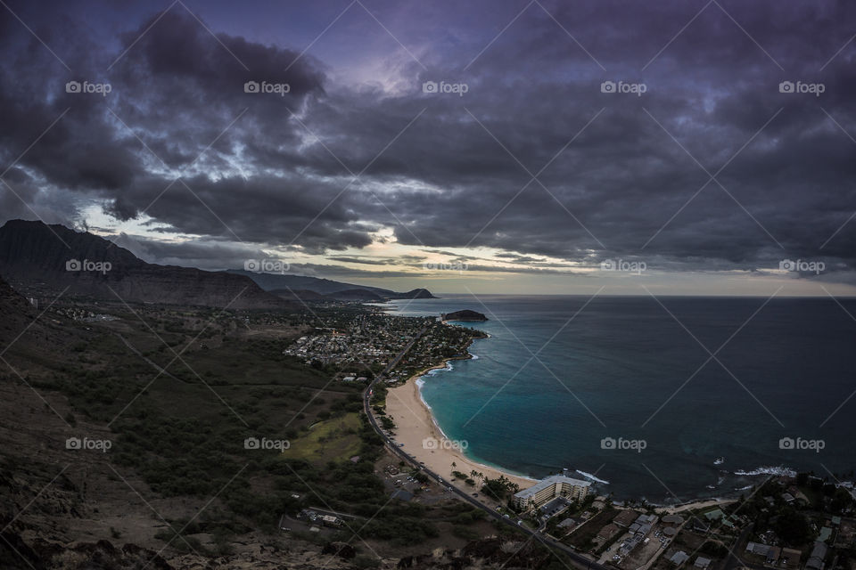 Makaha beach sunset view from the mountain 