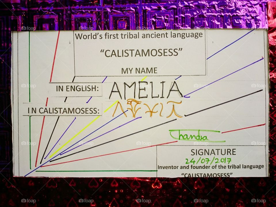world's famous name AMELIA is written in the world's first ancient tribal language in the CALISTAMOSESS.