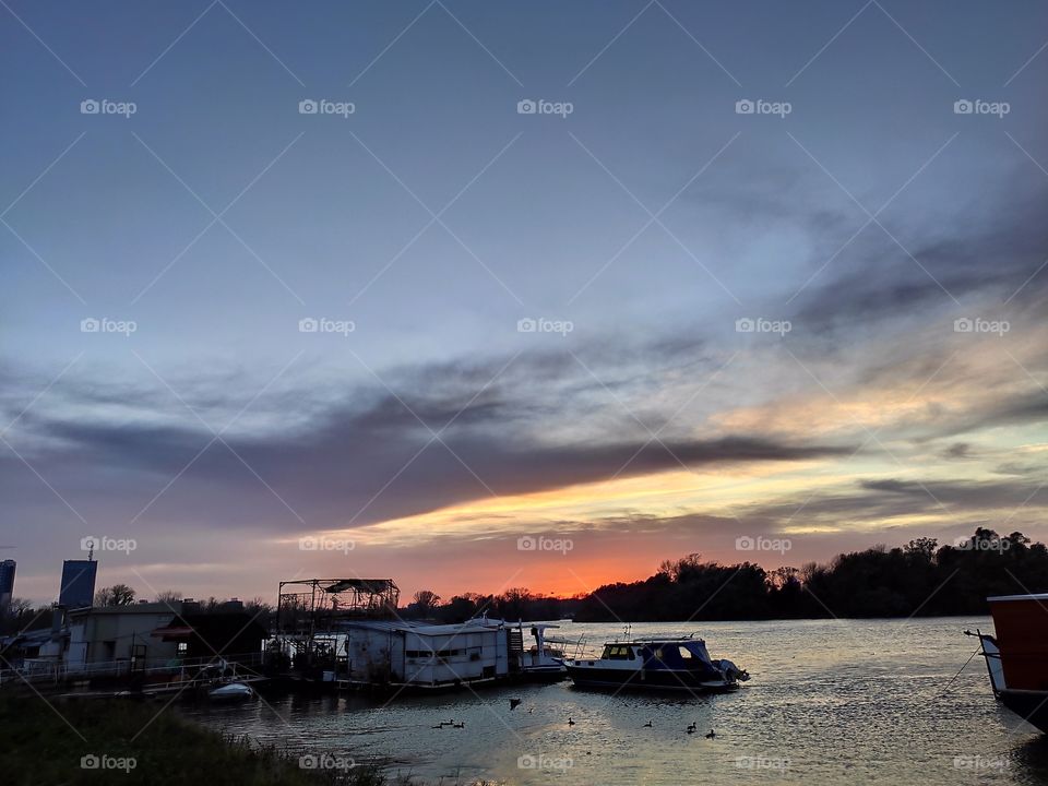 Belgrade Serbia river Sava flows to river Danube at sunset