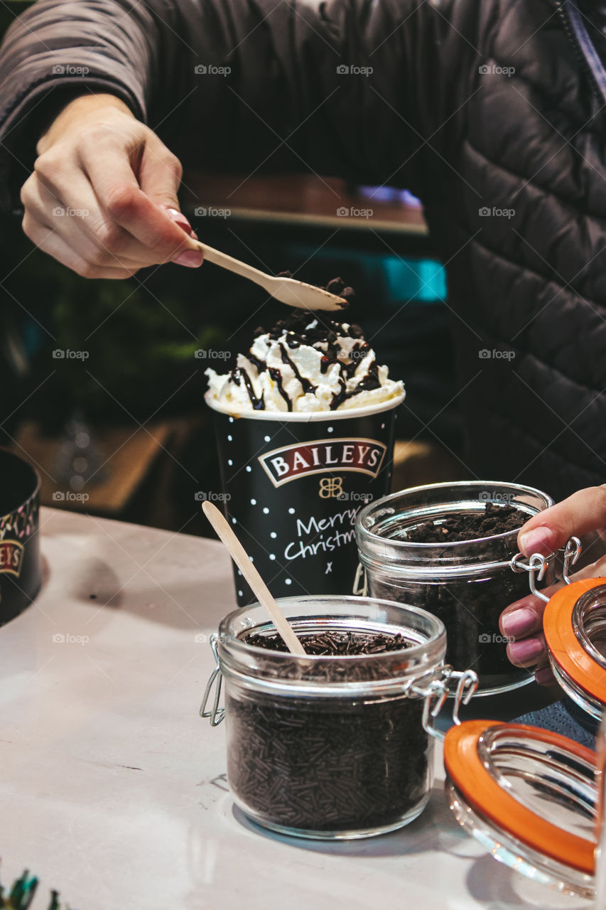 a hot drink at Christmas market