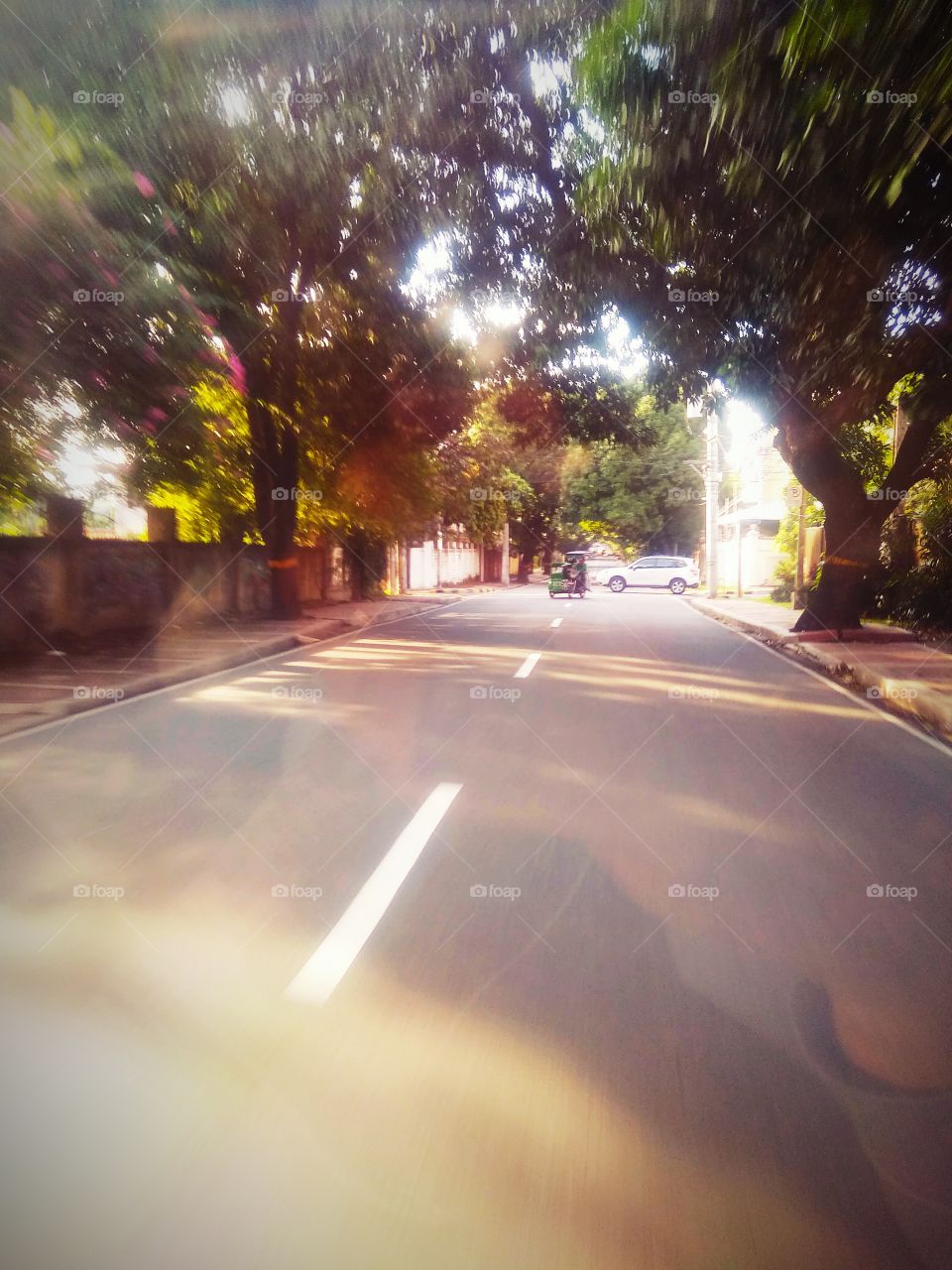 It's sunny but the road is shaded by trees. I like that warm, sunny, shady and classic feeling. I like riding this car with comfortable seats at the back where I could take pictures like this. The reflection from the window added beauty to this.