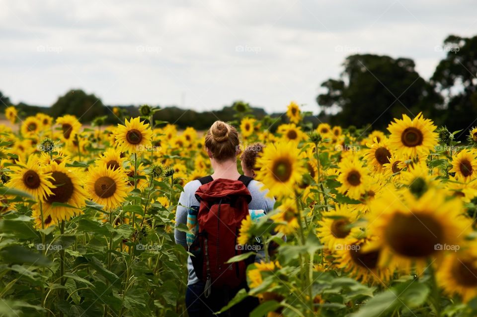 mother and son in sunflower field