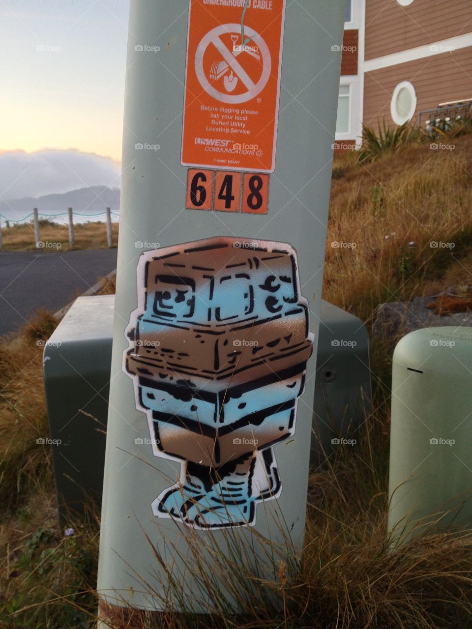 Street Art Gonk Droid. Graffiti style sticker of Star Wars Gonk droid in Newport, Oregon.