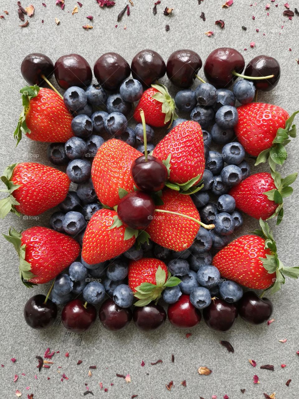 Summer time, summer mood, summer treats. Delicious and juicy summer berries. Blueberry, strawberry, cherry.